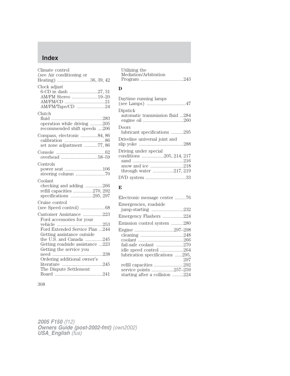 Index | FORD 2005 F-150 v.2 User Manual | Page 308 / 312