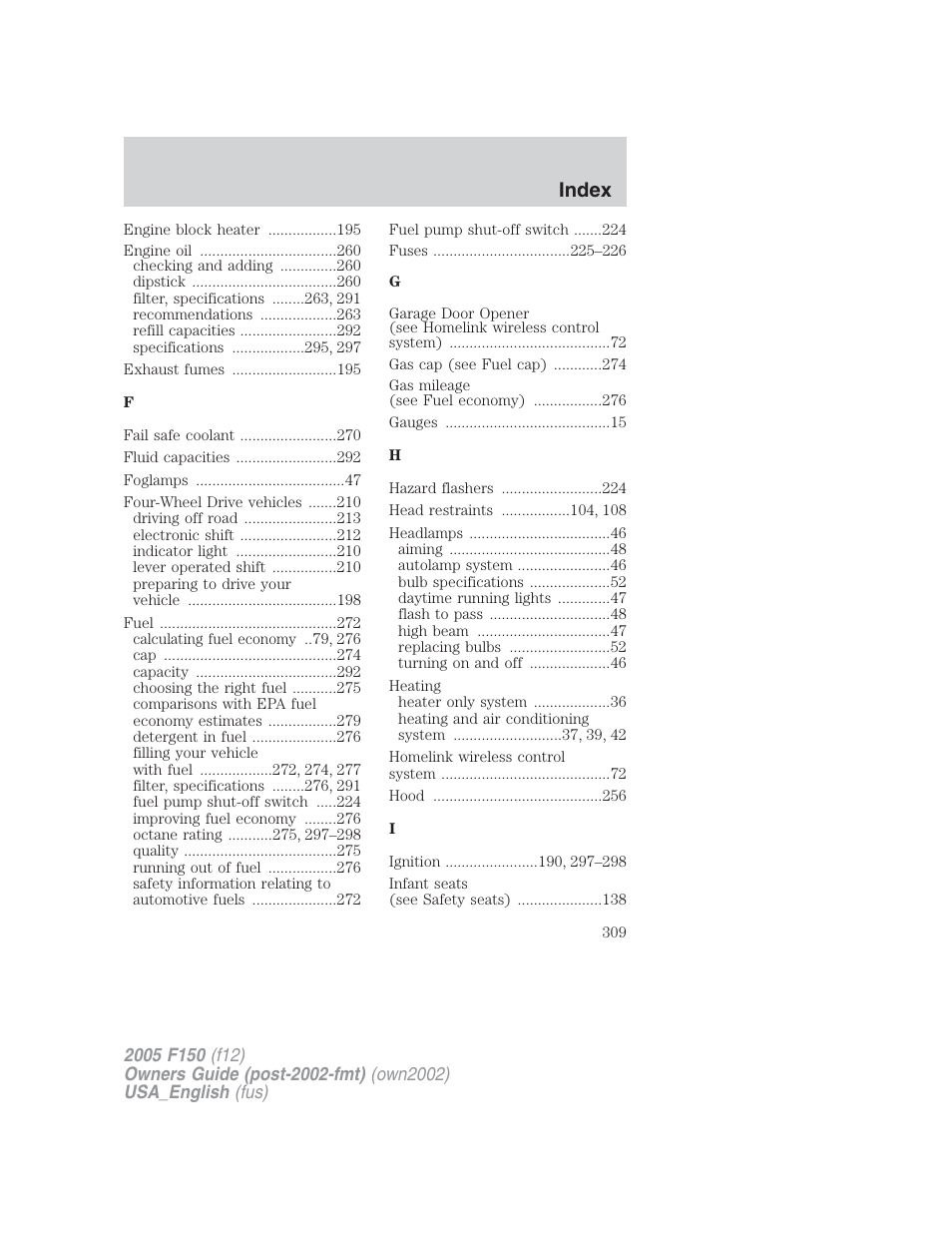 Index | FORD 2005 F-150 v.2 User Manual | Page 309 / 312