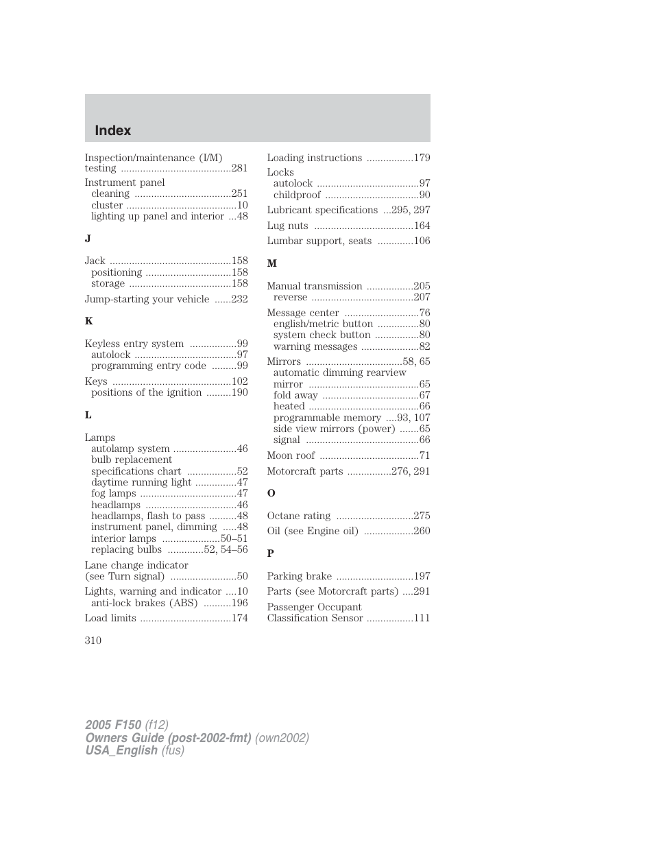 Index | FORD 2005 F-150 v.2 User Manual | Page 310 / 312