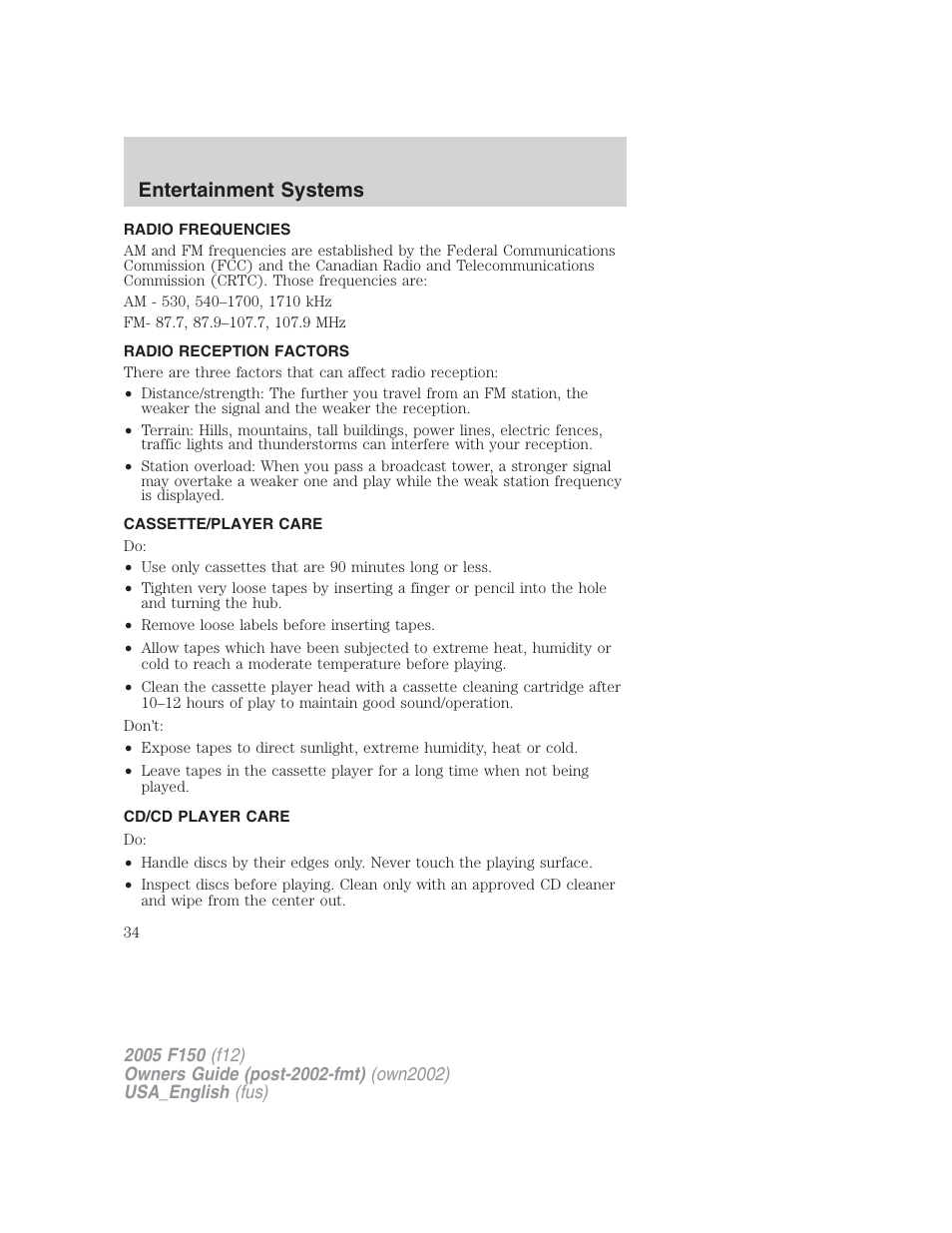 Entertainment systems | FORD 2005 F-150 v.2 User Manual | Page 34 / 312