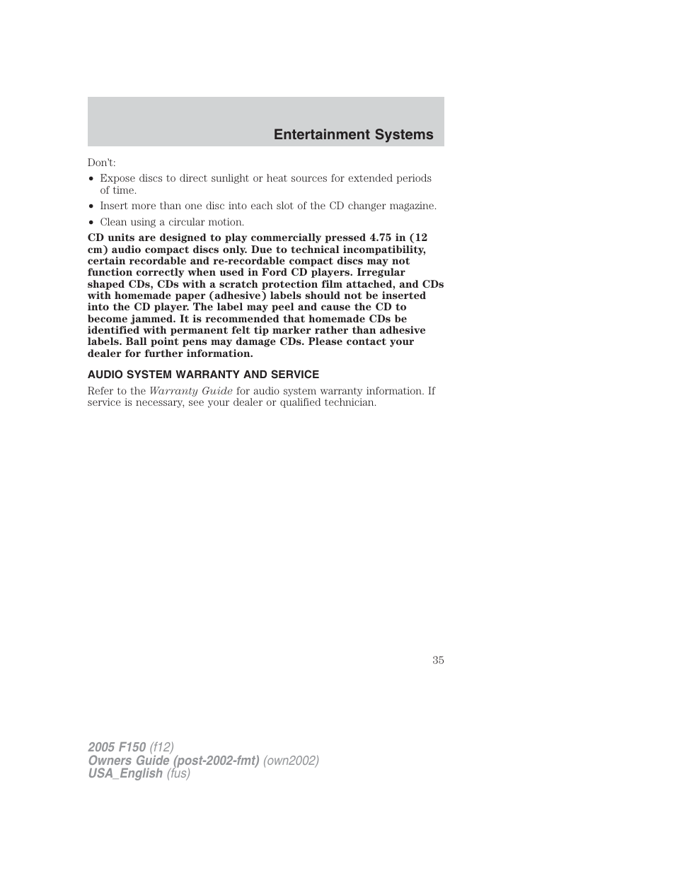 Entertainment systems | FORD 2005 F-150 v.2 User Manual | Page 35 / 312