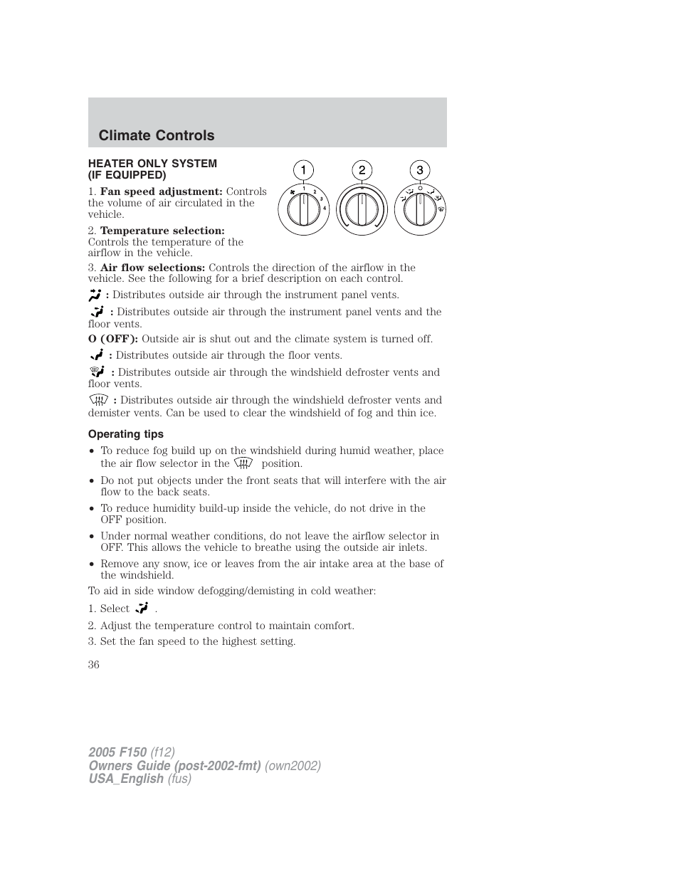 Climate controls | FORD 2005 F-150 v.2 User Manual | Page 36 / 312