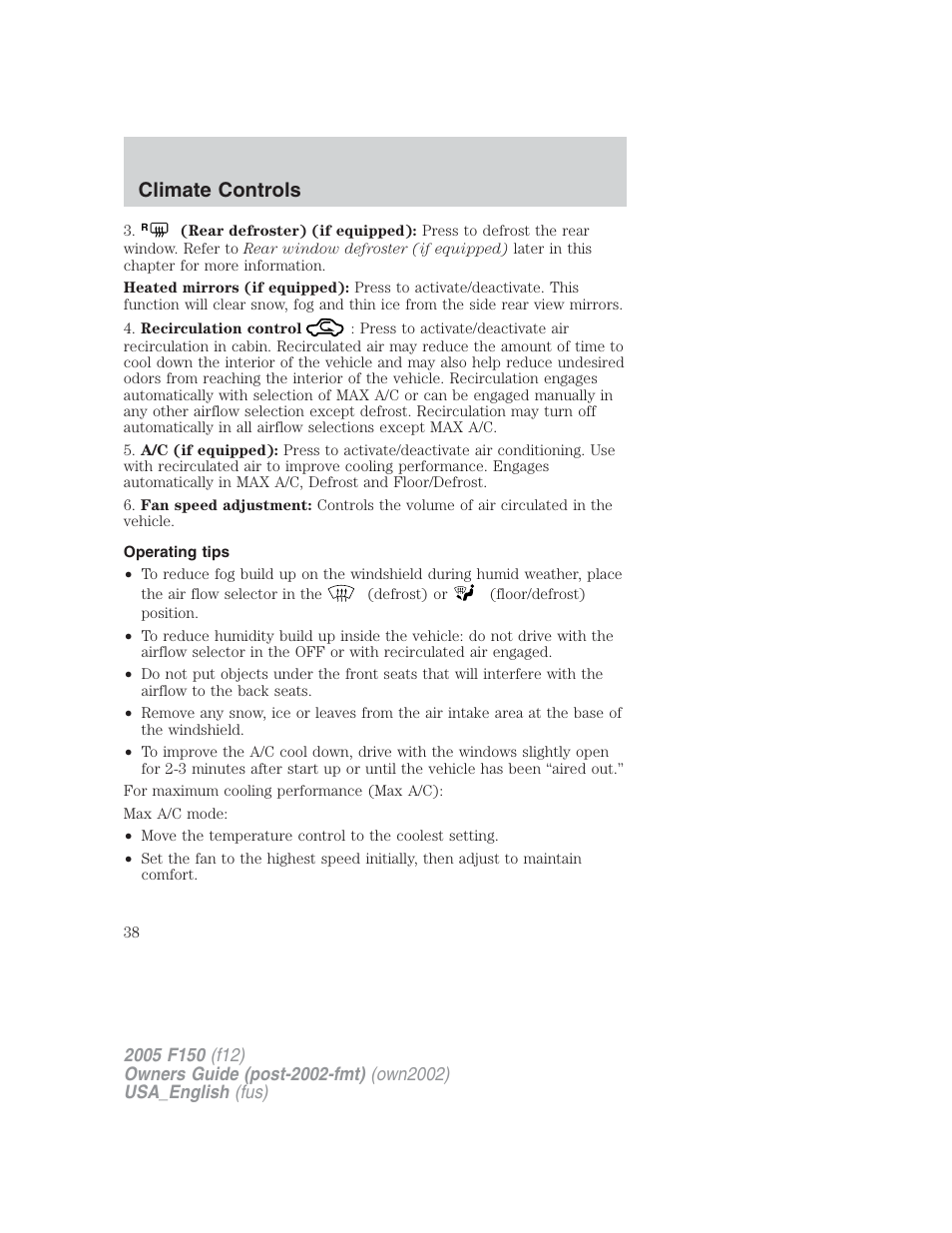 Climate controls | FORD 2005 F-150 v.2 User Manual | Page 38 / 312