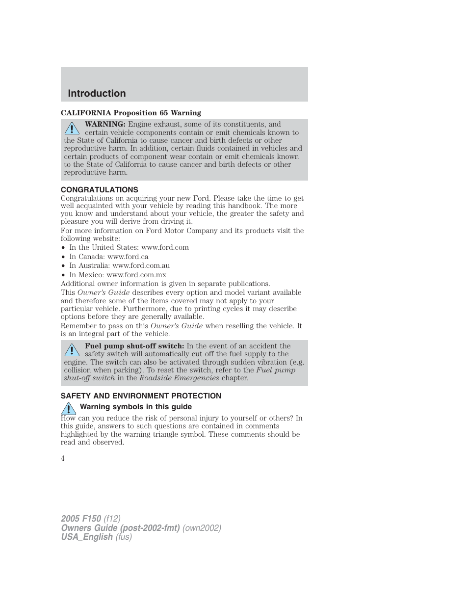 Introduction | FORD 2005 F-150 v.2 User Manual | Page 4 / 312