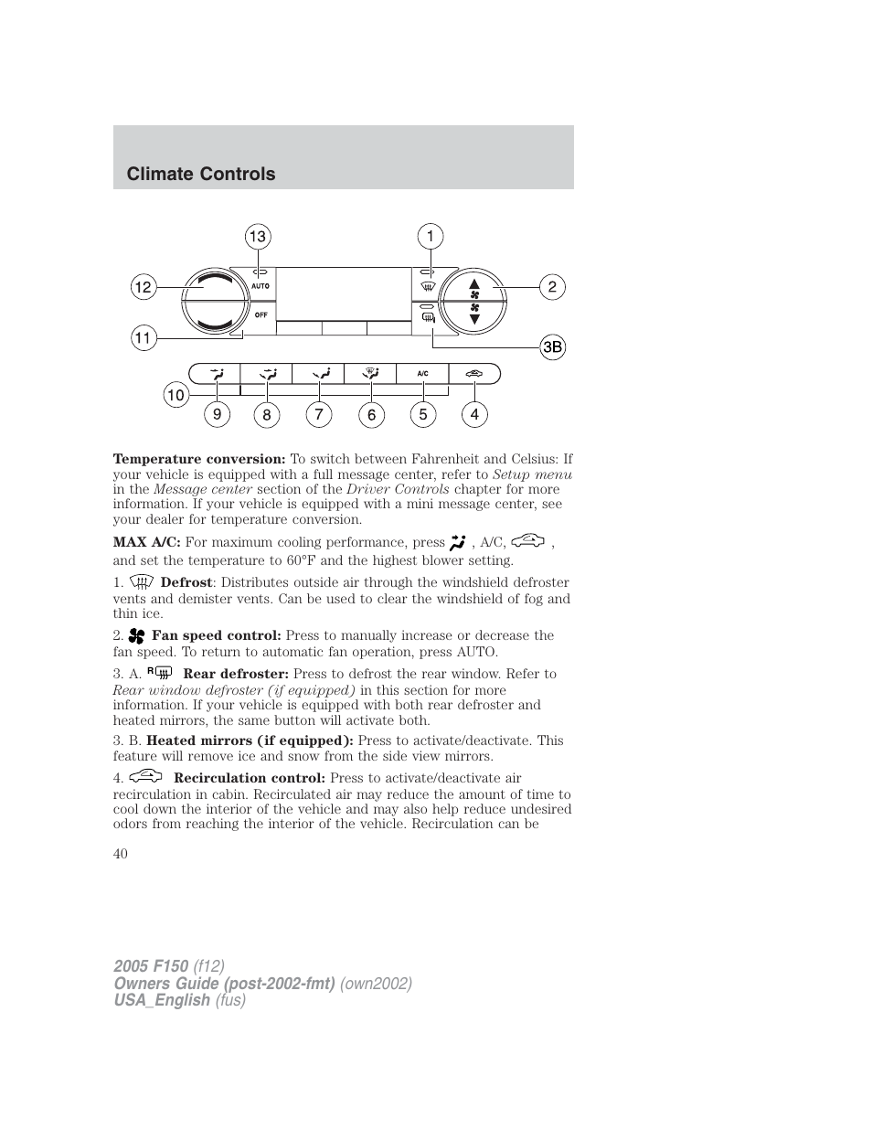 Climate controls | FORD 2005 F-150 v.2 User Manual | Page 40 / 312