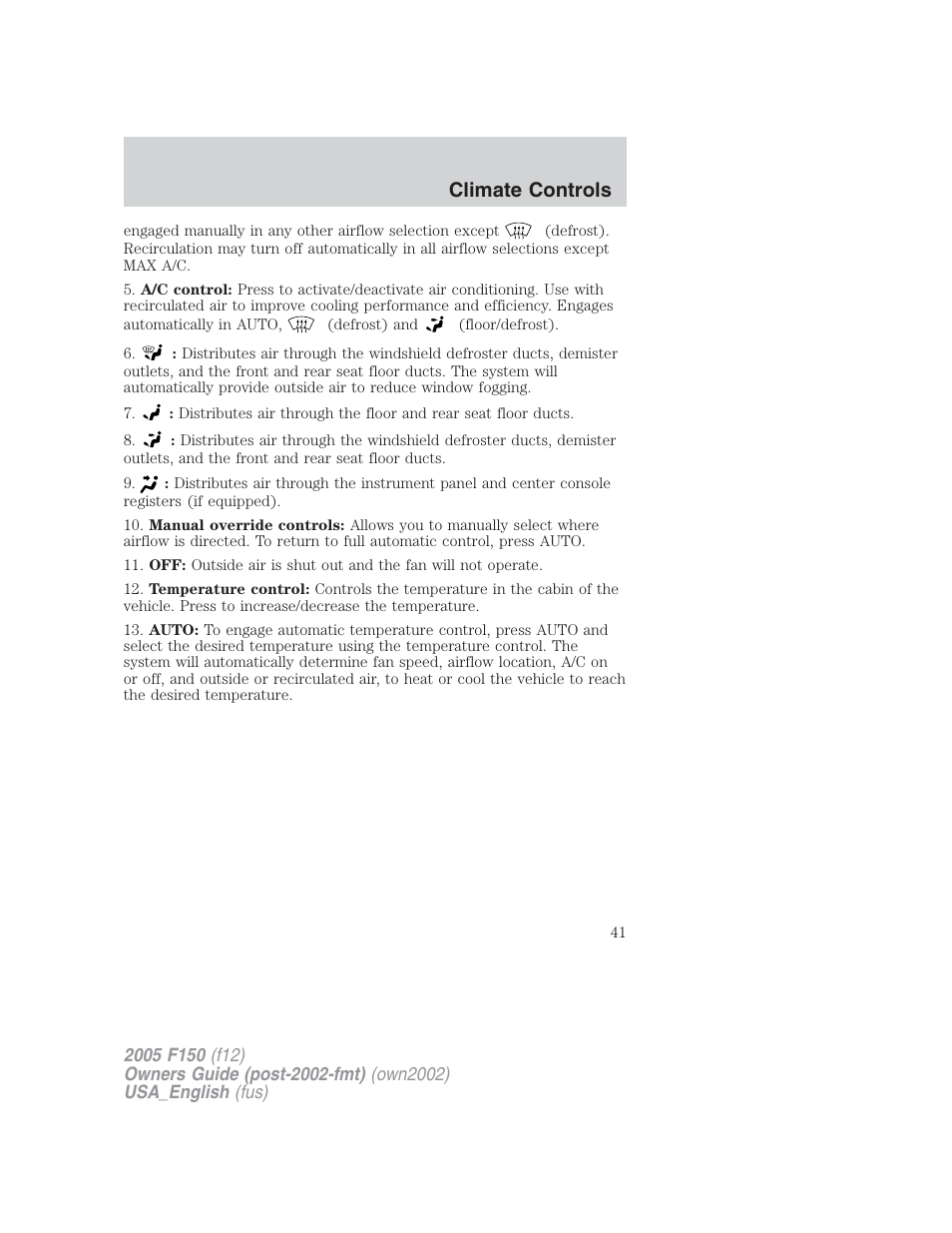 Climate controls | FORD 2005 F-150 v.2 User Manual | Page 41 / 312