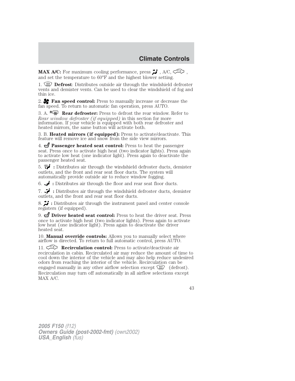 Climate controls | FORD 2005 F-150 v.2 User Manual | Page 43 / 312