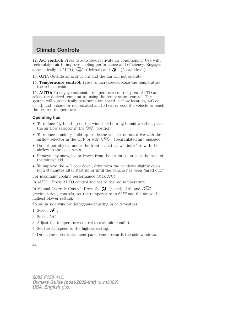 Climate controls | FORD 2005 F-150 v.2 User Manual | Page 44 / 312