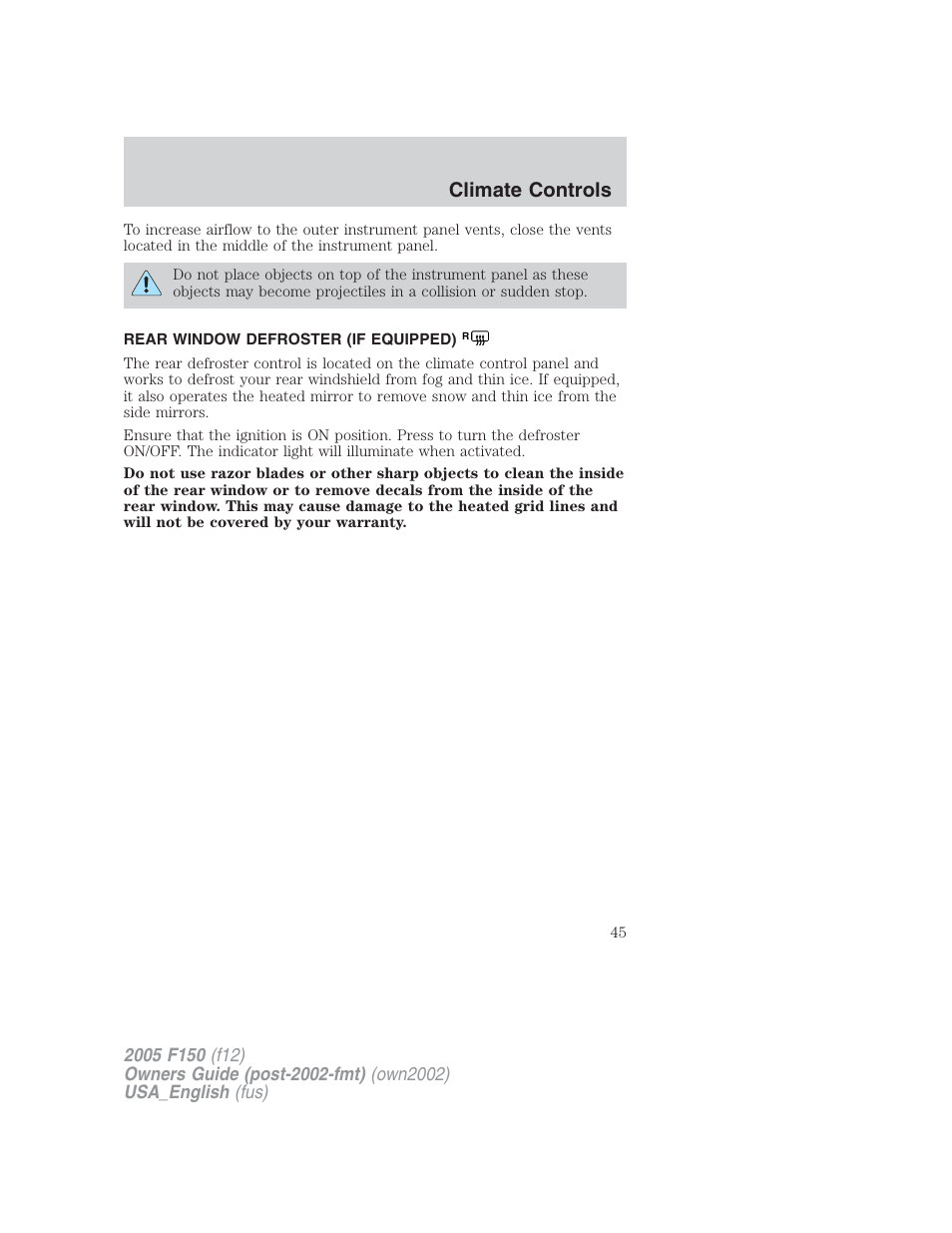 Climate controls | FORD 2005 F-150 v.2 User Manual | Page 45 / 312
