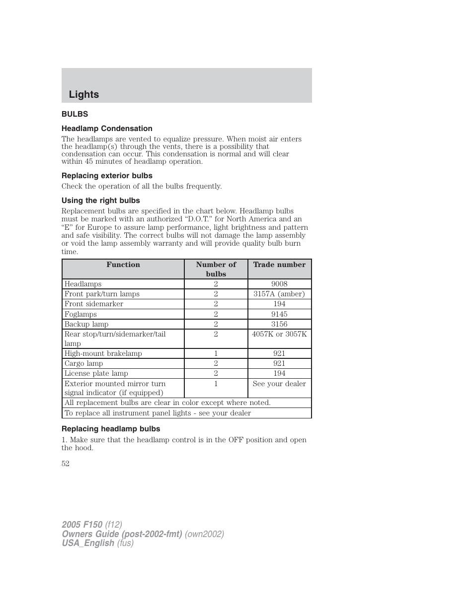 Lights | FORD 2005 F-150 v.2 User Manual | Page 52 / 312
