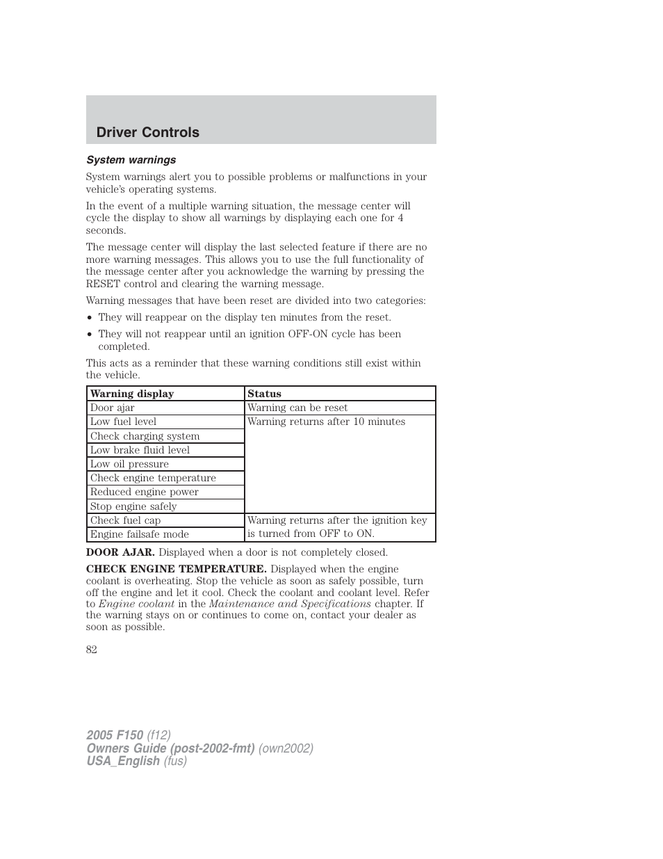 Driver controls | FORD 2005 F-150 v.2 User Manual | Page 82 / 312