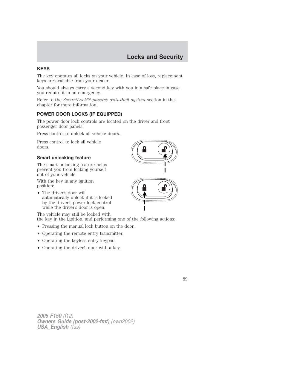 Locks and security | FORD 2005 F-150 v.2 User Manual | Page 89 / 312