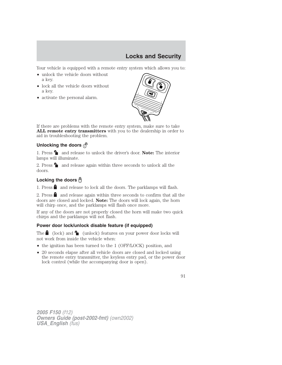 Locks and security | FORD 2005 F-150 v.2 User Manual | Page 91 / 312