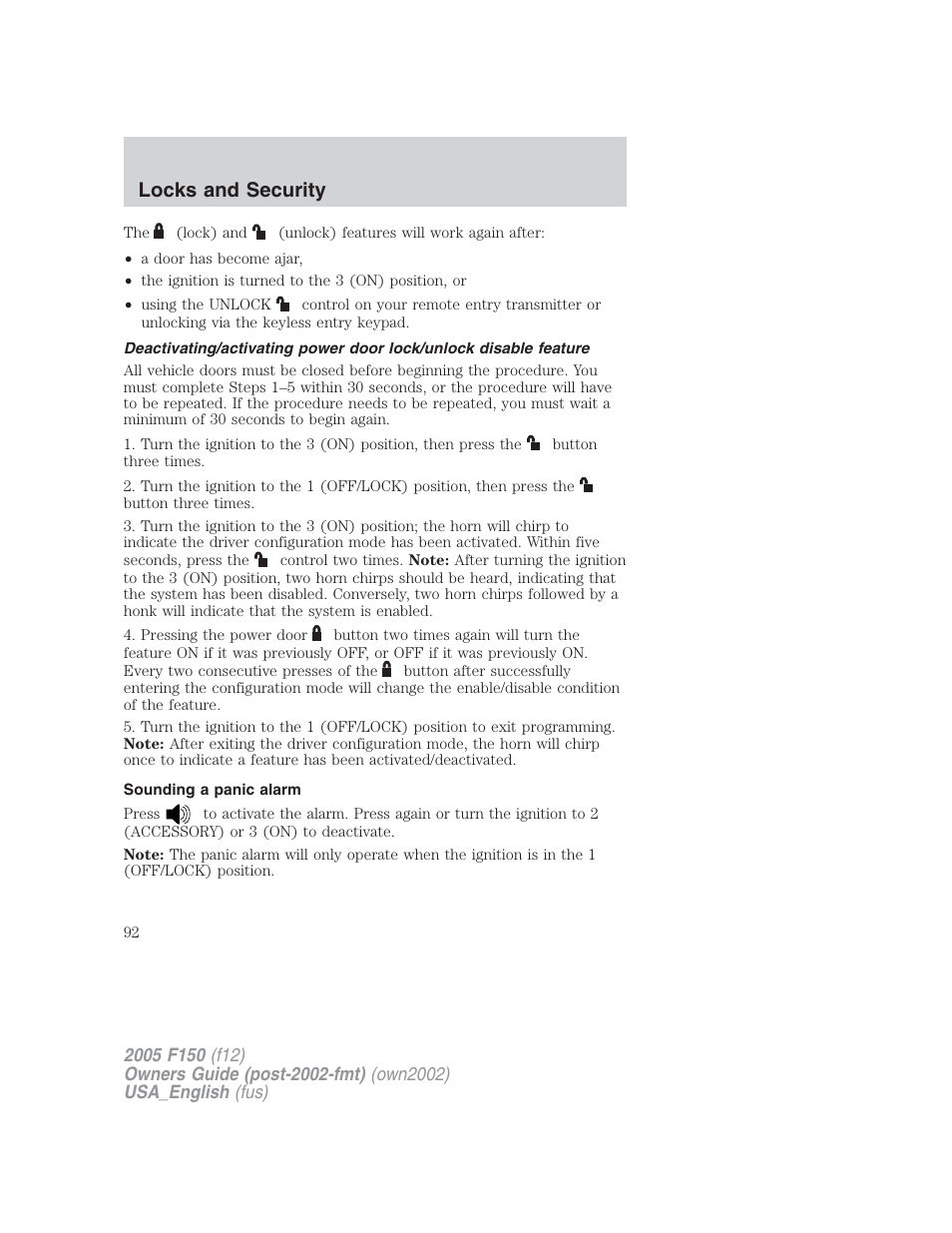 Locks and security | FORD 2005 F-150 v.2 User Manual | Page 92 / 312