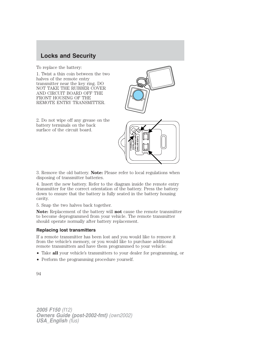 Locks and security | FORD 2005 F-150 v.2 User Manual | Page 94 / 312