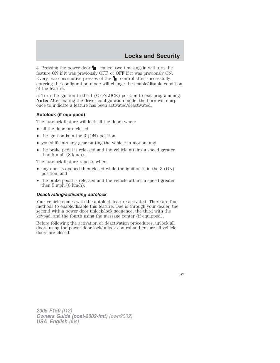 Locks and security | FORD 2005 F-150 v.2 User Manual | Page 97 / 312