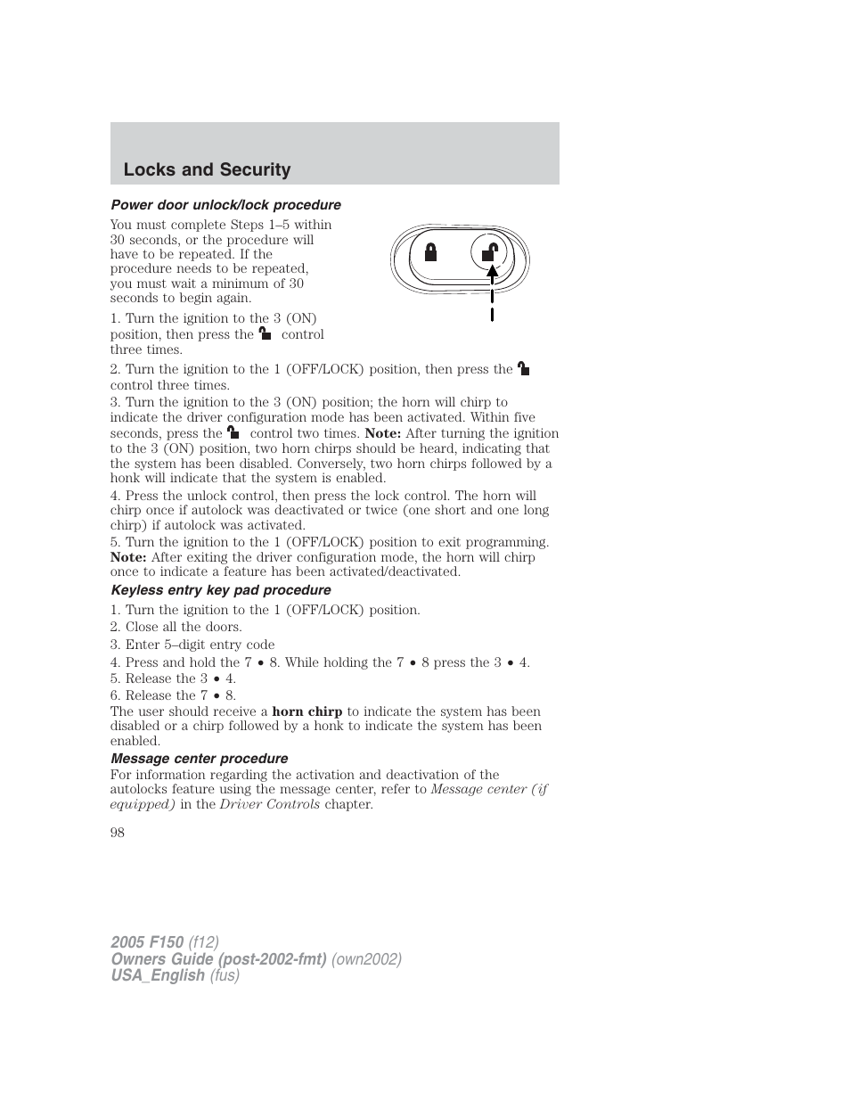 Locks and security | FORD 2005 F-150 v.2 User Manual | Page 98 / 312