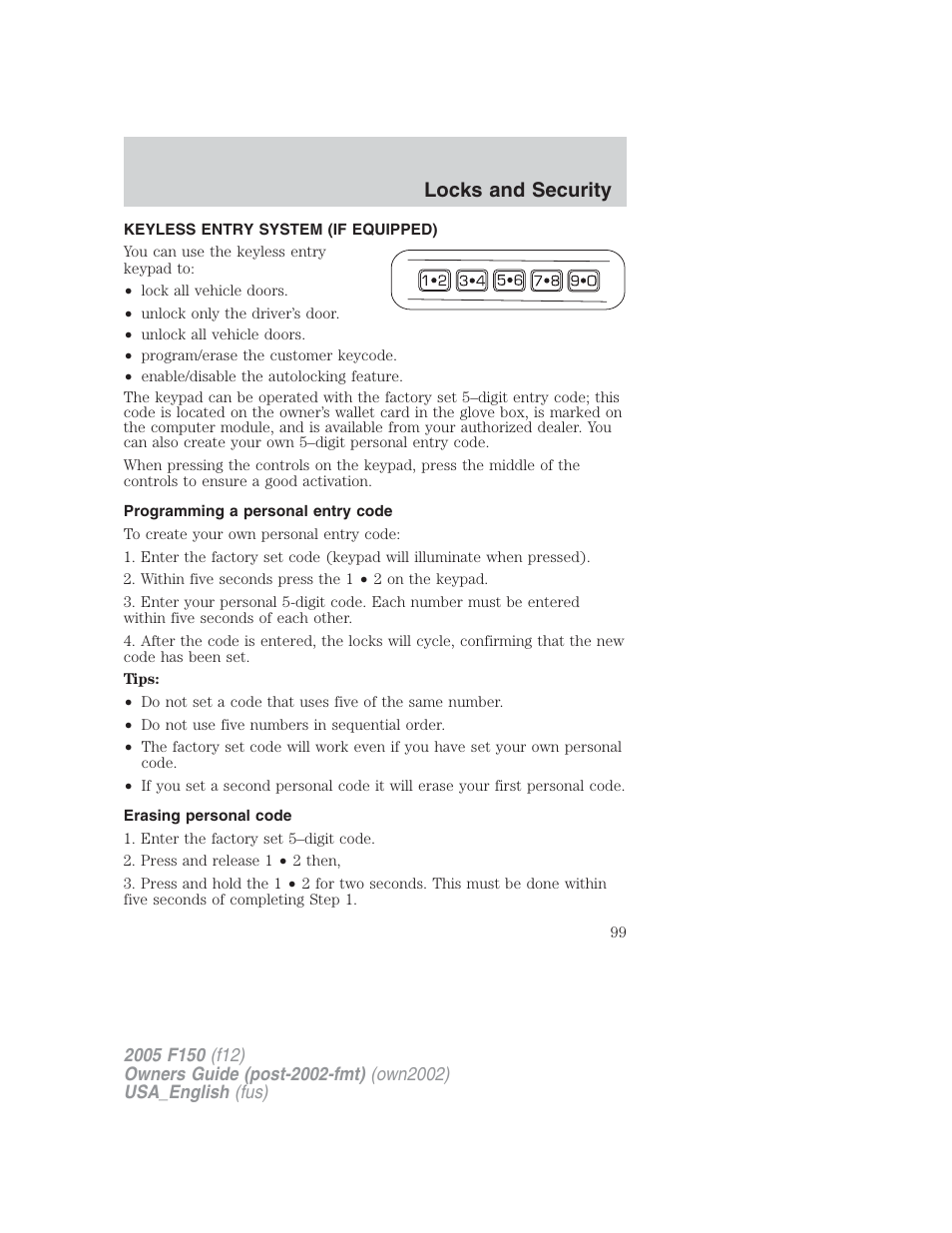 Locks and security | FORD 2005 F-150 v.2 User Manual | Page 99 / 312