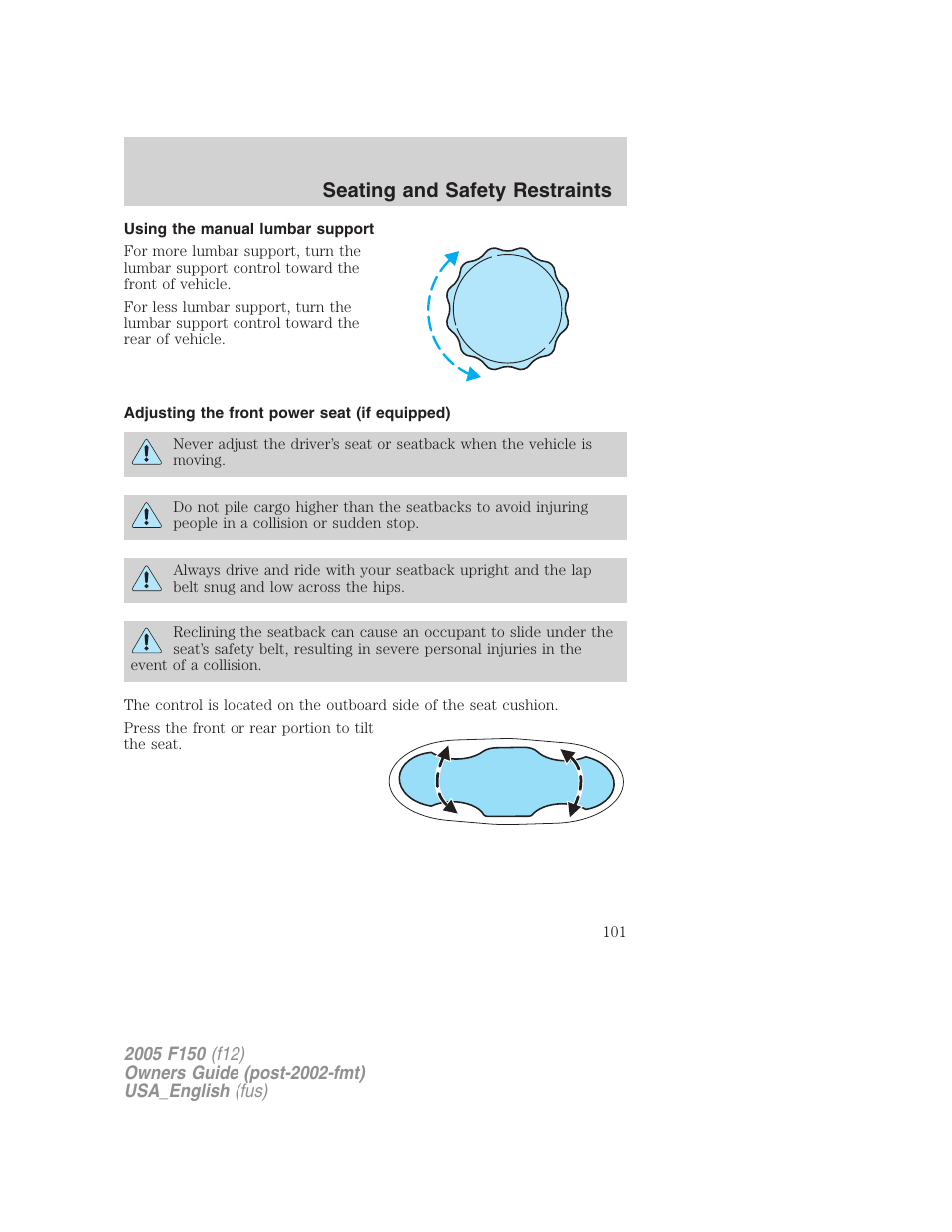 Using the manual lumbar support, Adjusting the front power seat (if equipped), Seating and safety restraints | FORD 2005 F-150 v.3 User Manual | Page 101 / 312