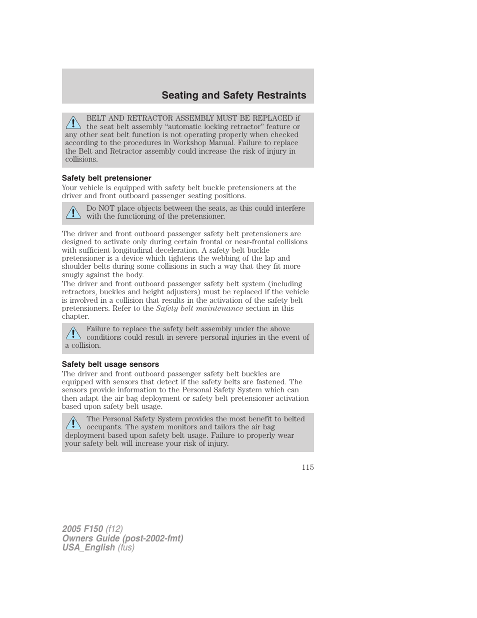 Safety belt pretensioner, Safety belt usage sensors, Seating and safety restraints | FORD 2005 F-150 v.3 User Manual | Page 115 / 312