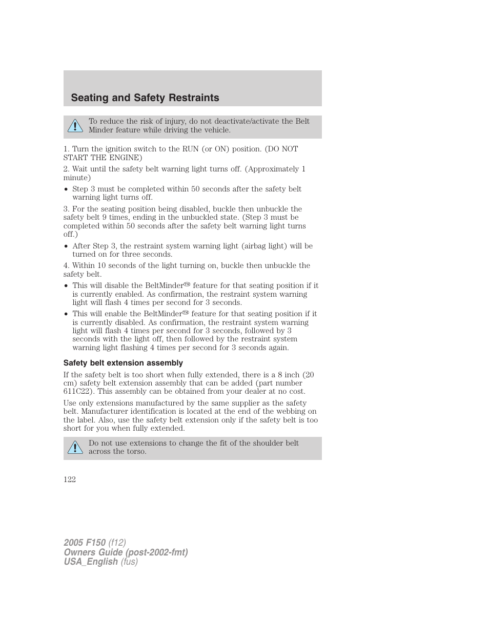 Safety belt extension assembly, Seating and safety restraints | FORD 2005 F-150 v.3 User Manual | Page 122 / 312