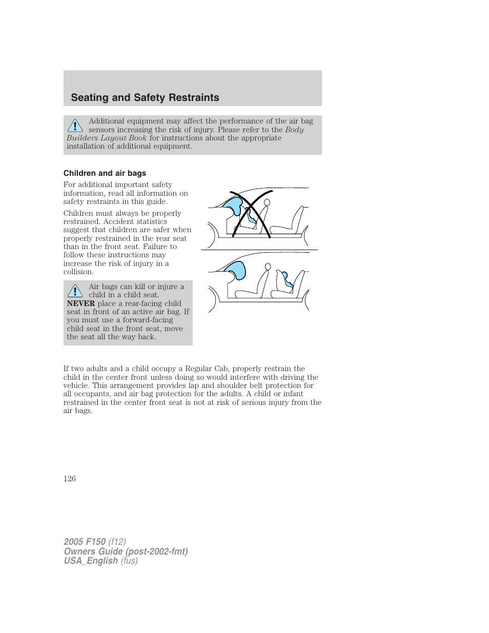 Children and air bags, Seating and safety restraints | FORD 2005 F-150 v.3 User Manual | Page 126 / 312