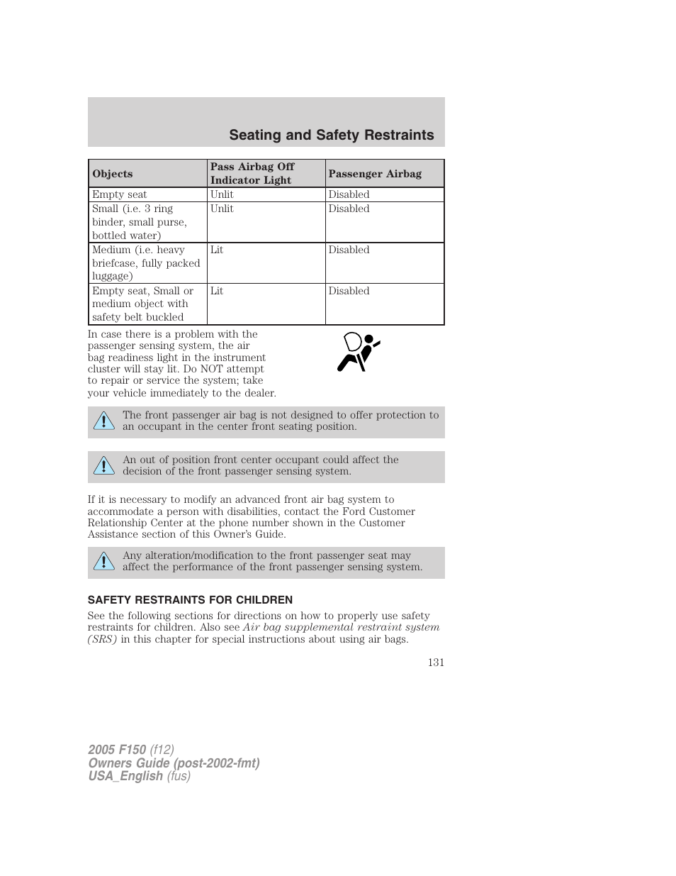 Safety restraints for children, Child restraints, Seating and safety restraints | FORD 2005 F-150 v.3 User Manual | Page 131 / 312
