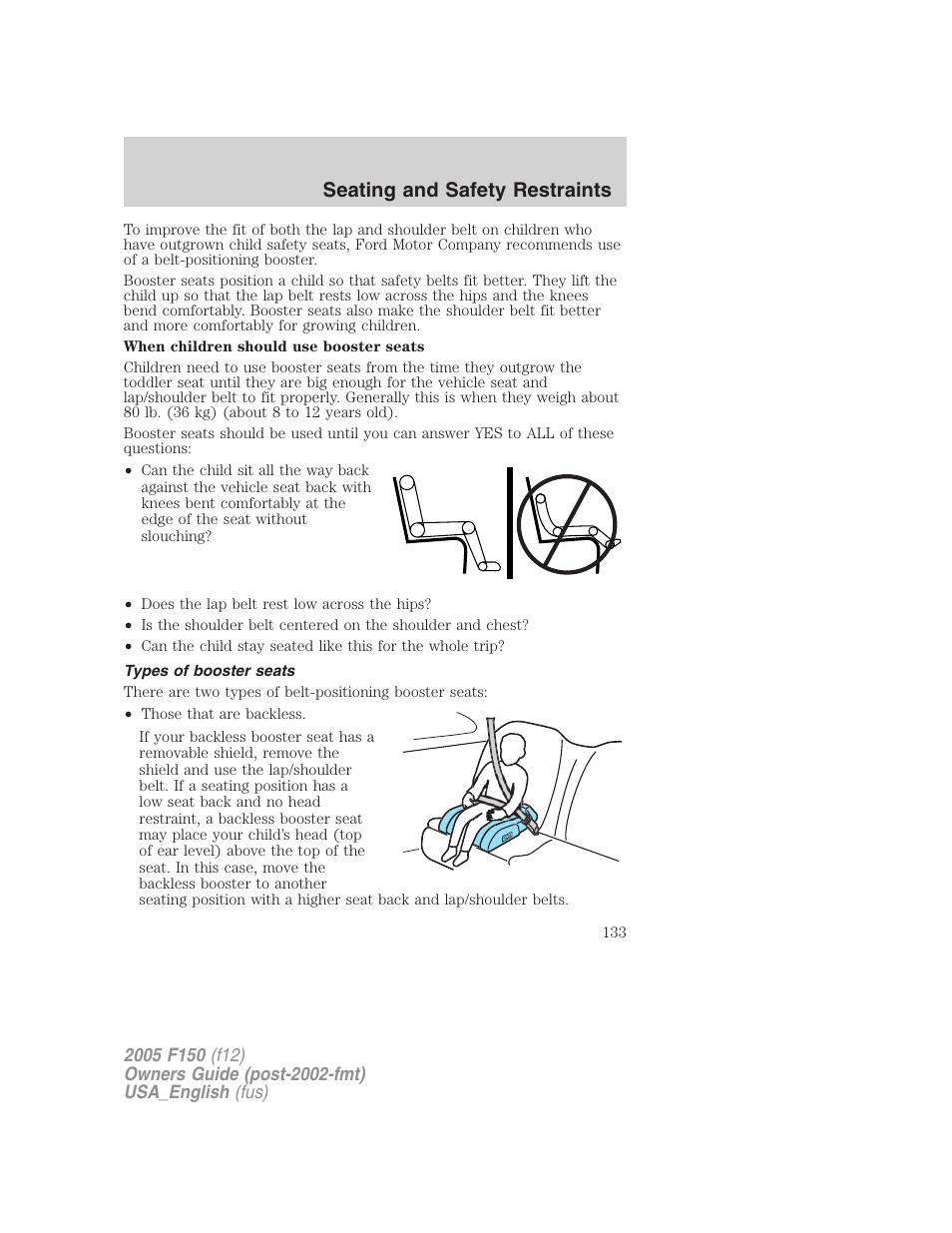 Types of booster seats, Seating and safety restraints | FORD 2005 F-150 v.3 User Manual | Page 133 / 312