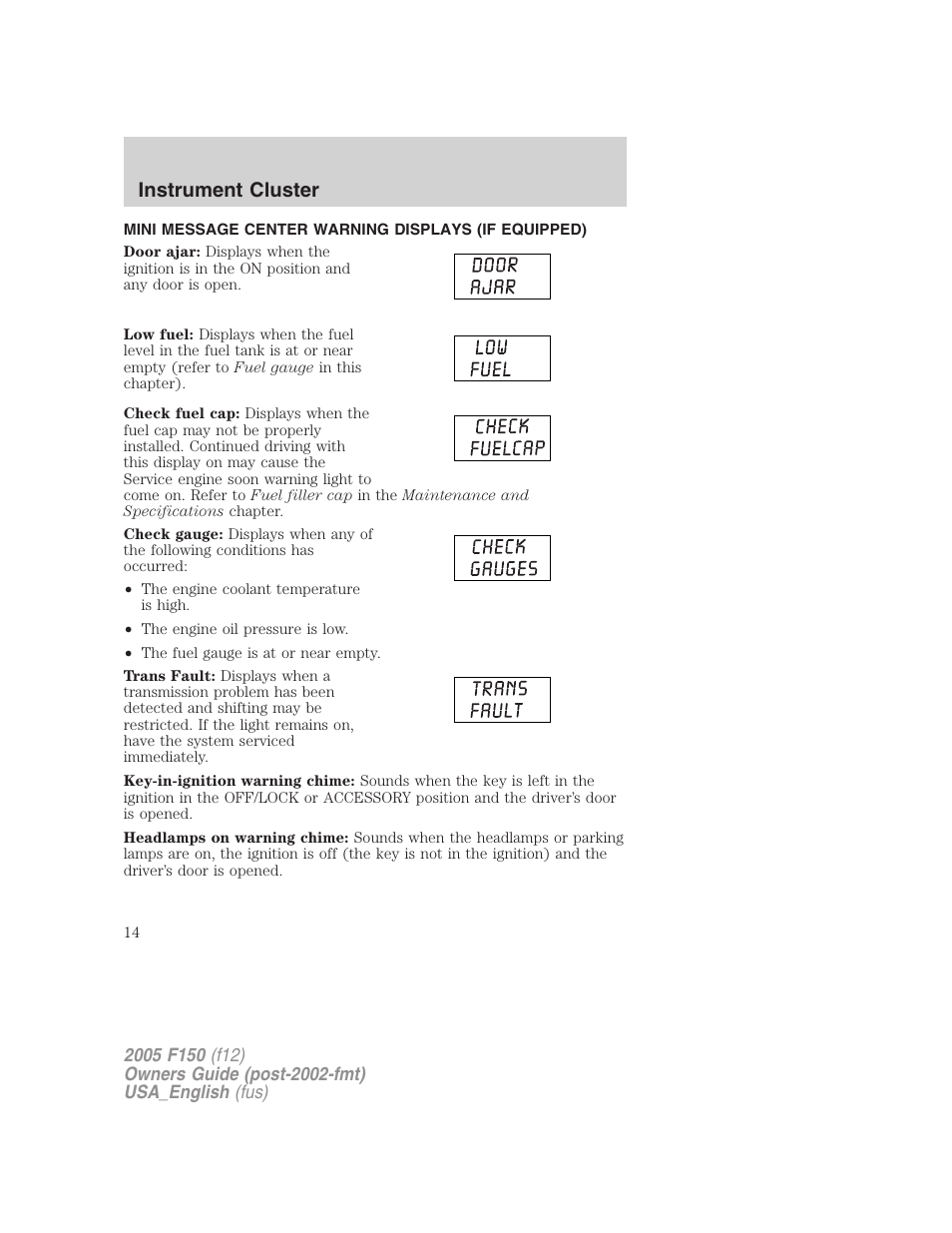 Mini message center warning displays (if equipped), Instrument cluster | FORD 2005 F-150 v.3 User Manual | Page 14 / 312