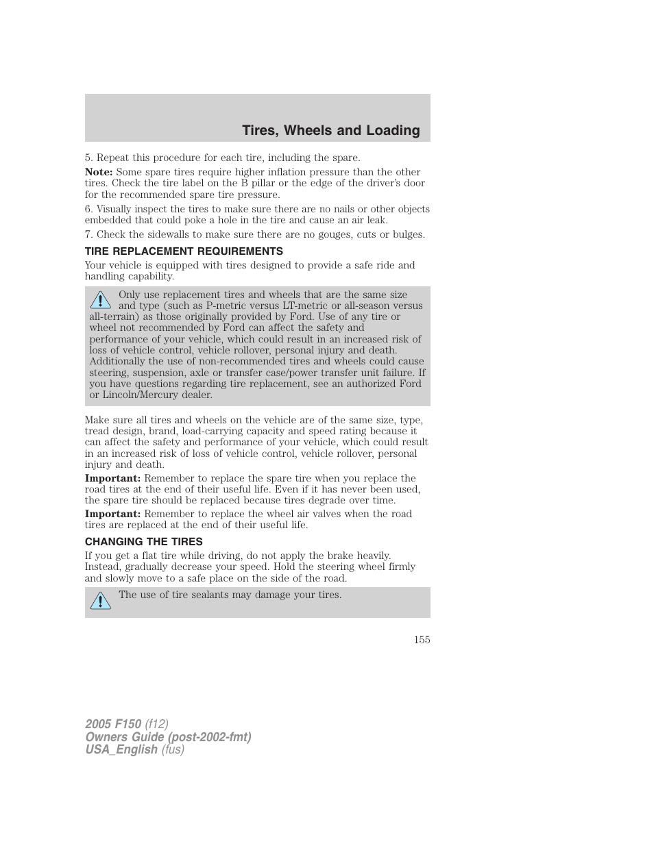 Tire replacement requirements, Changing the tires, Changing tires | Tires, wheels and loading | FORD 2005 F-150 v.3 User Manual | Page 155 / 312