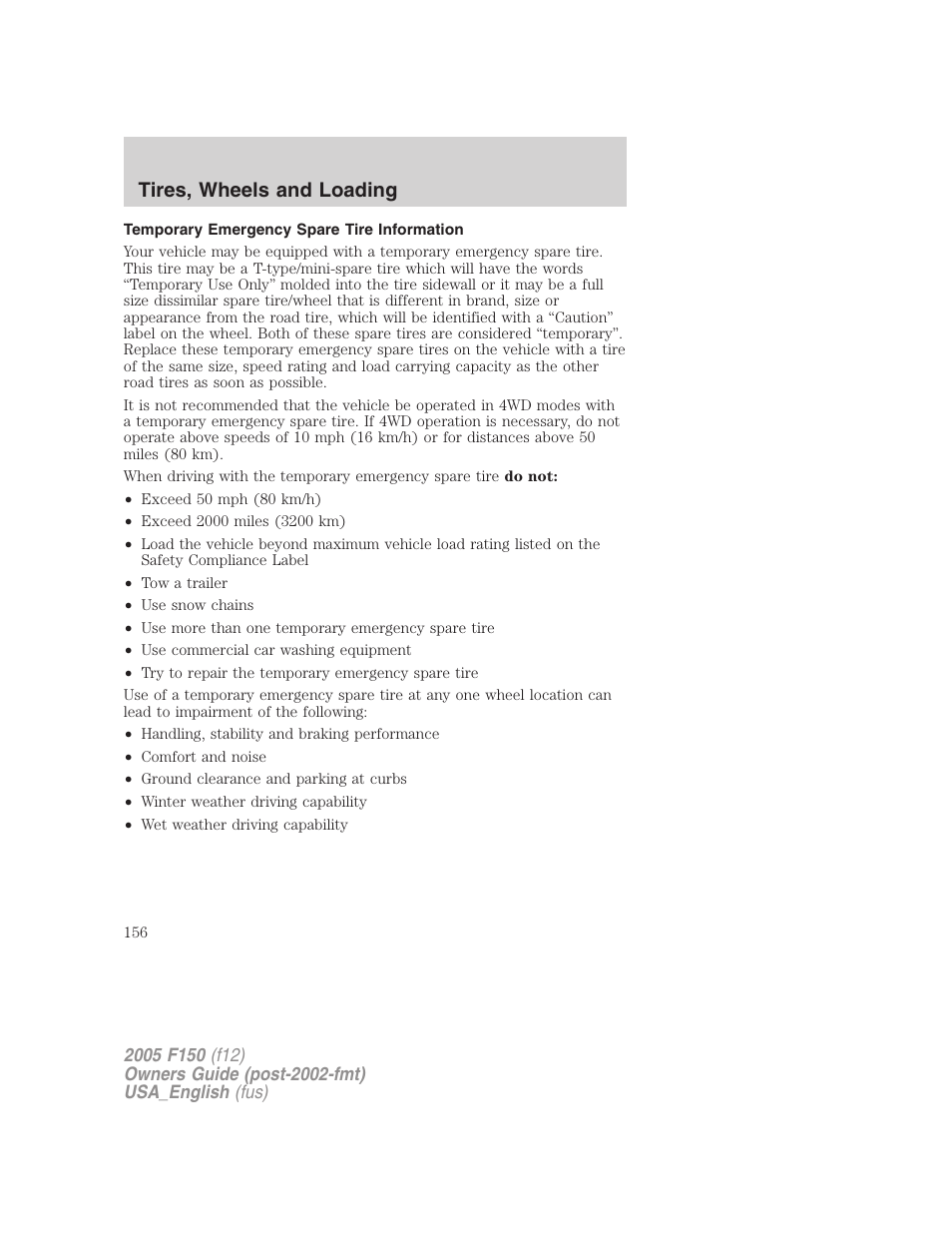 Temporary emergency spare tire information, Tires, wheels and loading | FORD 2005 F-150 v.3 User Manual | Page 156 / 312