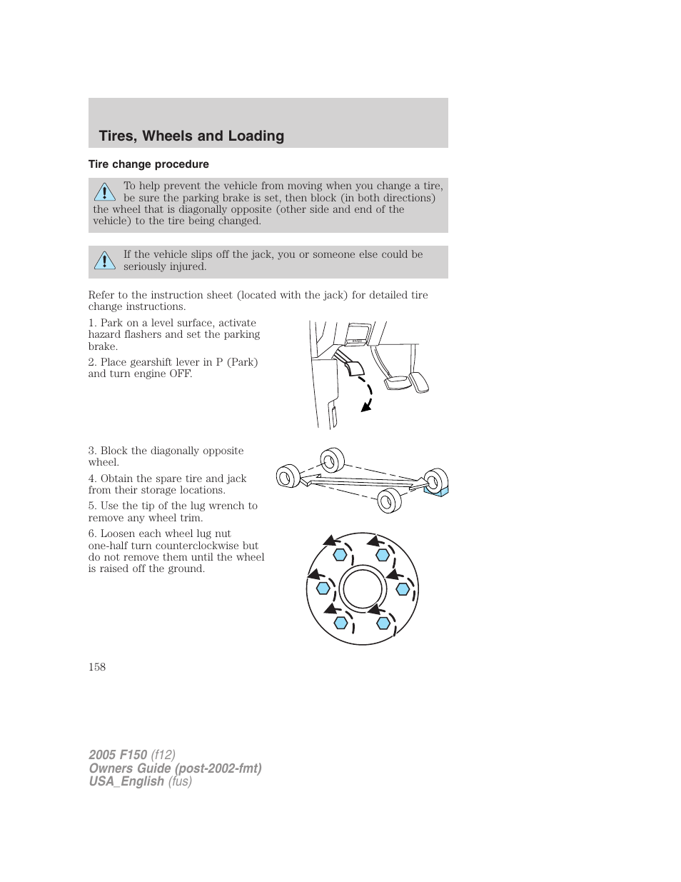 Tire change procedure, Tires, wheels and loading | FORD 2005 F-150 v.3 User Manual | Page 158 / 312