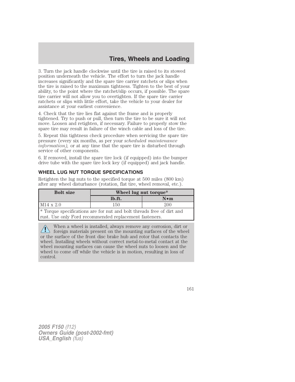 Wheel lug nut torque specifications, Wheel lug nut torque, Tires, wheels and loading | FORD 2005 F-150 v.3 User Manual | Page 161 / 312