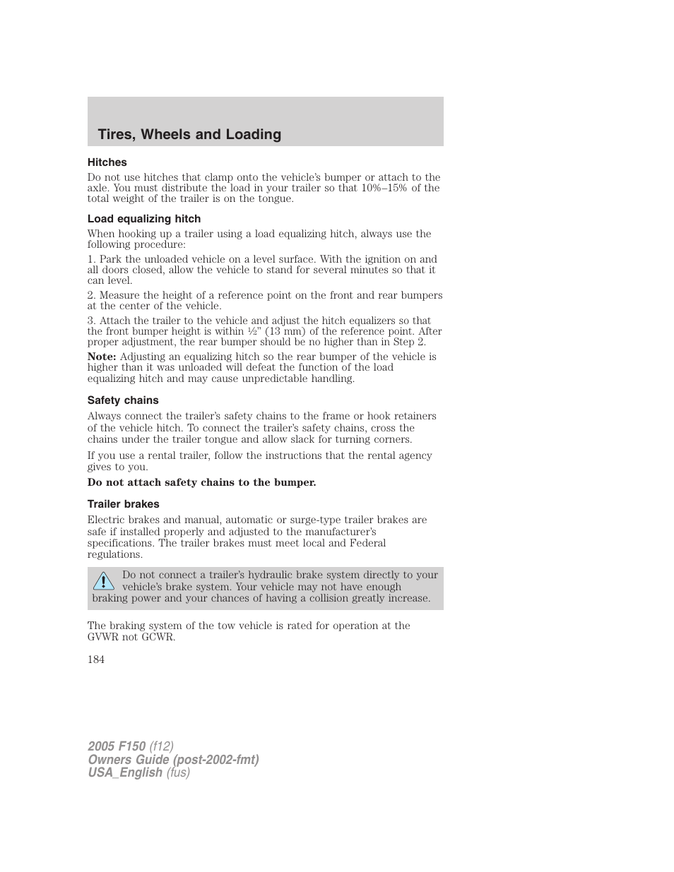 Hitches, Load equalizing hitch, Safety chains | Trailer brakes, Tires, wheels and loading | FORD 2005 F-150 v.3 User Manual | Page 184 / 312