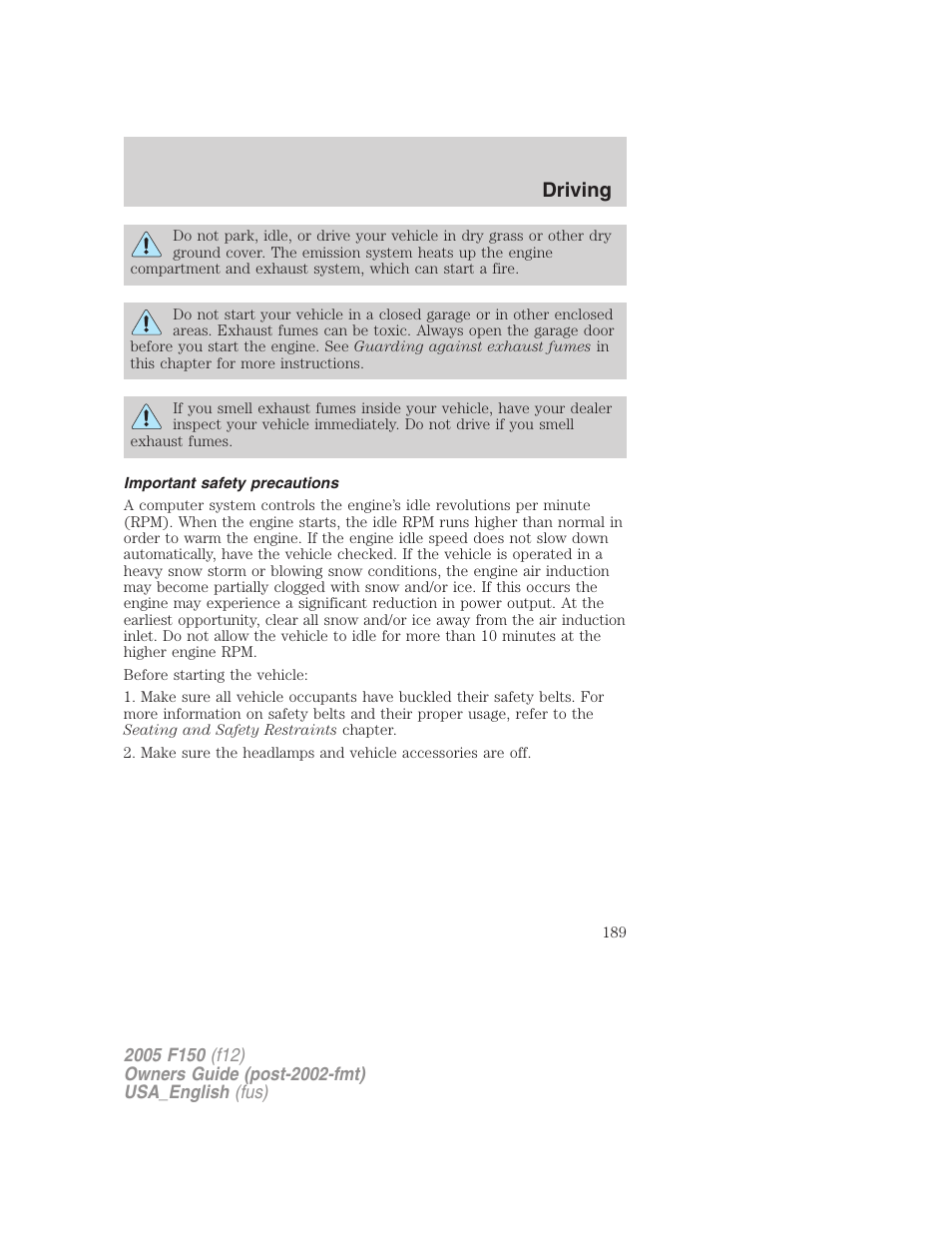 Important safety precautions, Driving | FORD 2005 F-150 v.3 User Manual | Page 189 / 312