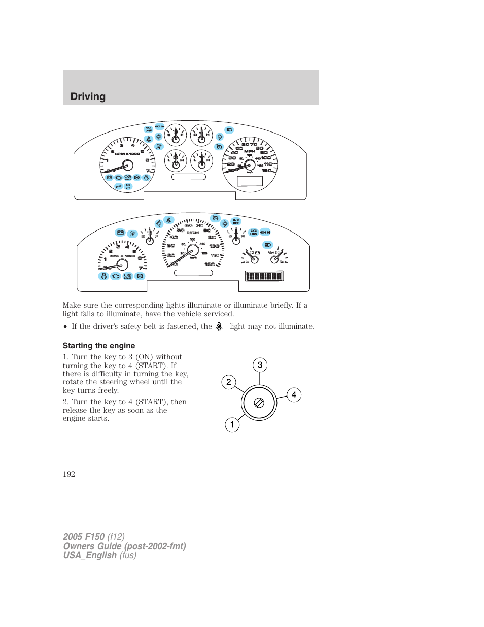 Starting the engine, Driving | FORD 2005 F-150 v.3 User Manual | Page 192 / 312
