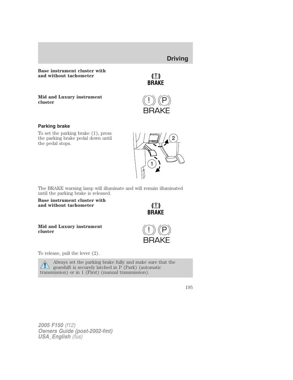 Parking brake, P! brake | FORD 2005 F-150 v.3 User Manual | Page 195 / 312