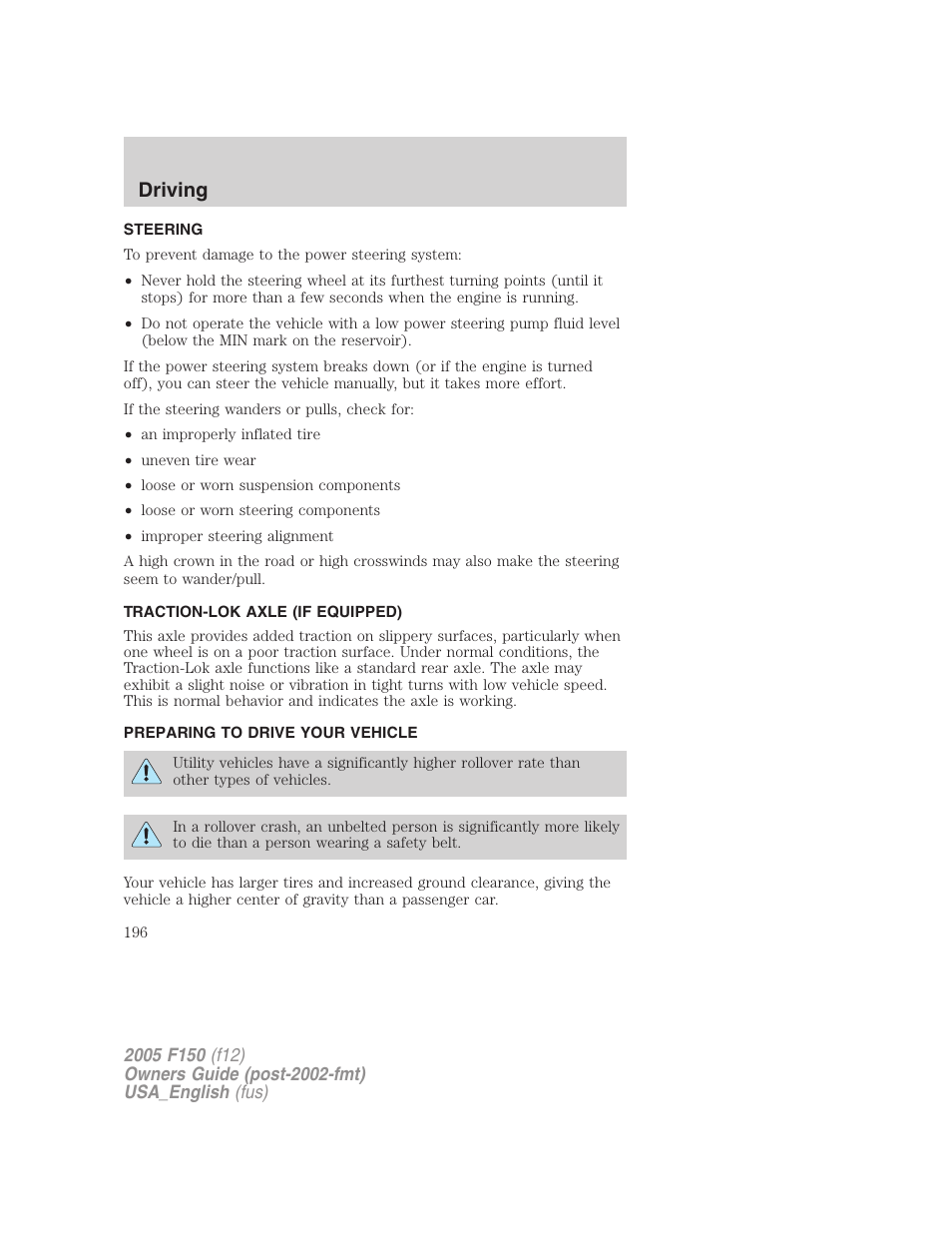 Steering, Traction-lok axle (if equipped), Preparing to drive your vehicle | Driving | FORD 2005 F-150 v.3 User Manual | Page 196 / 312