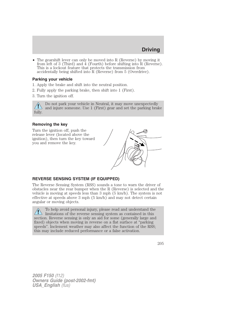 Parking your vehicle, Removing the key, Reverse sensing system (if equipped) | Driving | FORD 2005 F-150 v.3 User Manual | Page 205 / 312