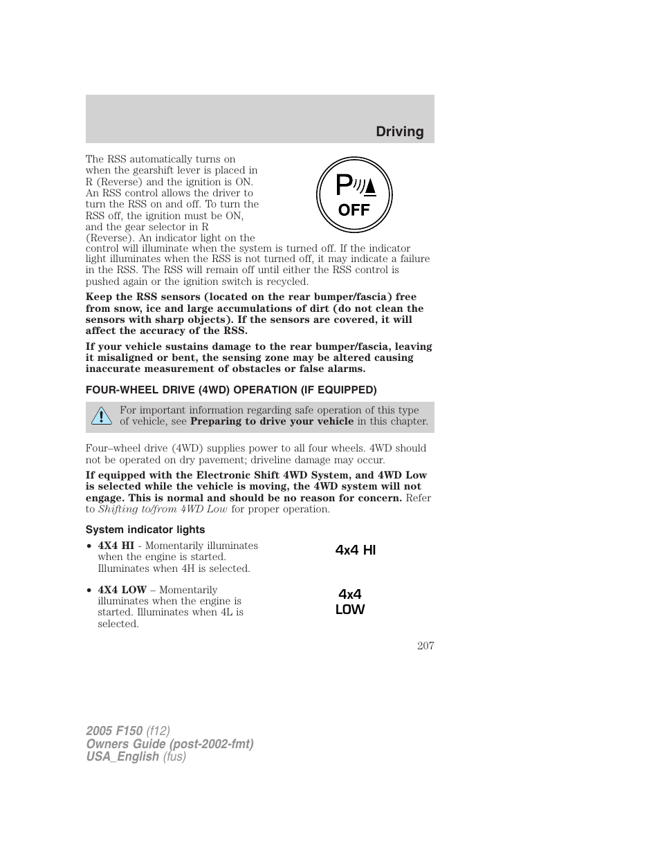 Four-wheel drive (4wd) operation (if equipped), System indicator lights, Driving | FORD 2005 F-150 v.3 User Manual | Page 207 / 312