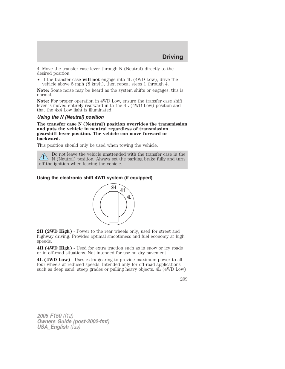 Using the n (neutral) position, Driving | FORD 2005 F-150 v.3 User Manual | Page 209 / 312