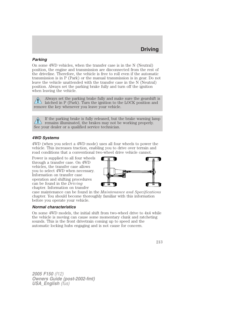 Parking, 4wd systems, Normal characteristics | Driving | FORD 2005 F-150 v.3 User Manual | Page 213 / 312