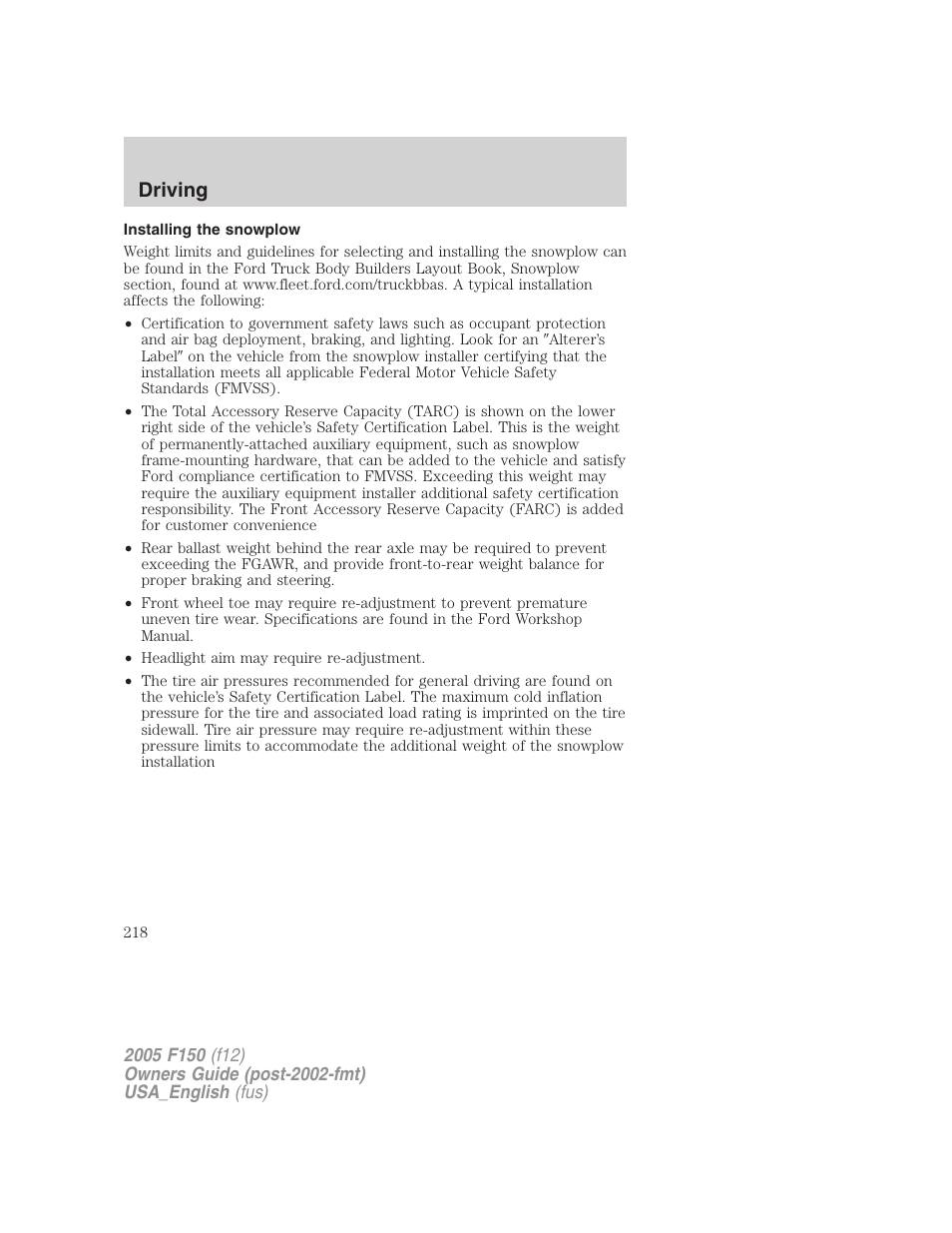 Installing the snowplow, Driving | FORD 2005 F-150 v.3 User Manual | Page 218 / 312