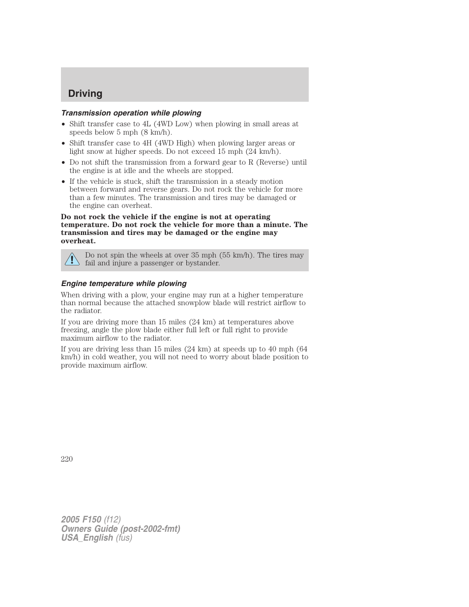 Transmission operation while plowing, Engine temperature while plowing, Driving | FORD 2005 F-150 v.3 User Manual | Page 220 / 312
