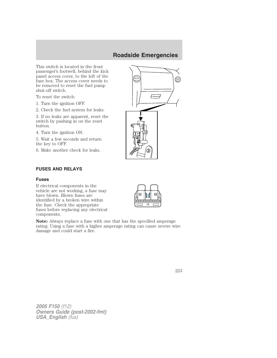 Fuses and relays, Fuses, Roadside emergencies | FORD 2005 F-150 v.3 User Manual | Page 223 / 312