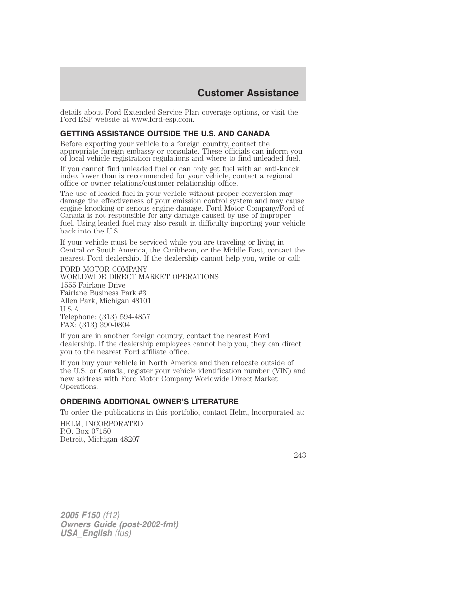 Getting assistance outside the u.s. and canada, Ordering additional owner’s literature, Customer assistance | FORD 2005 F-150 v.3 User Manual | Page 243 / 312