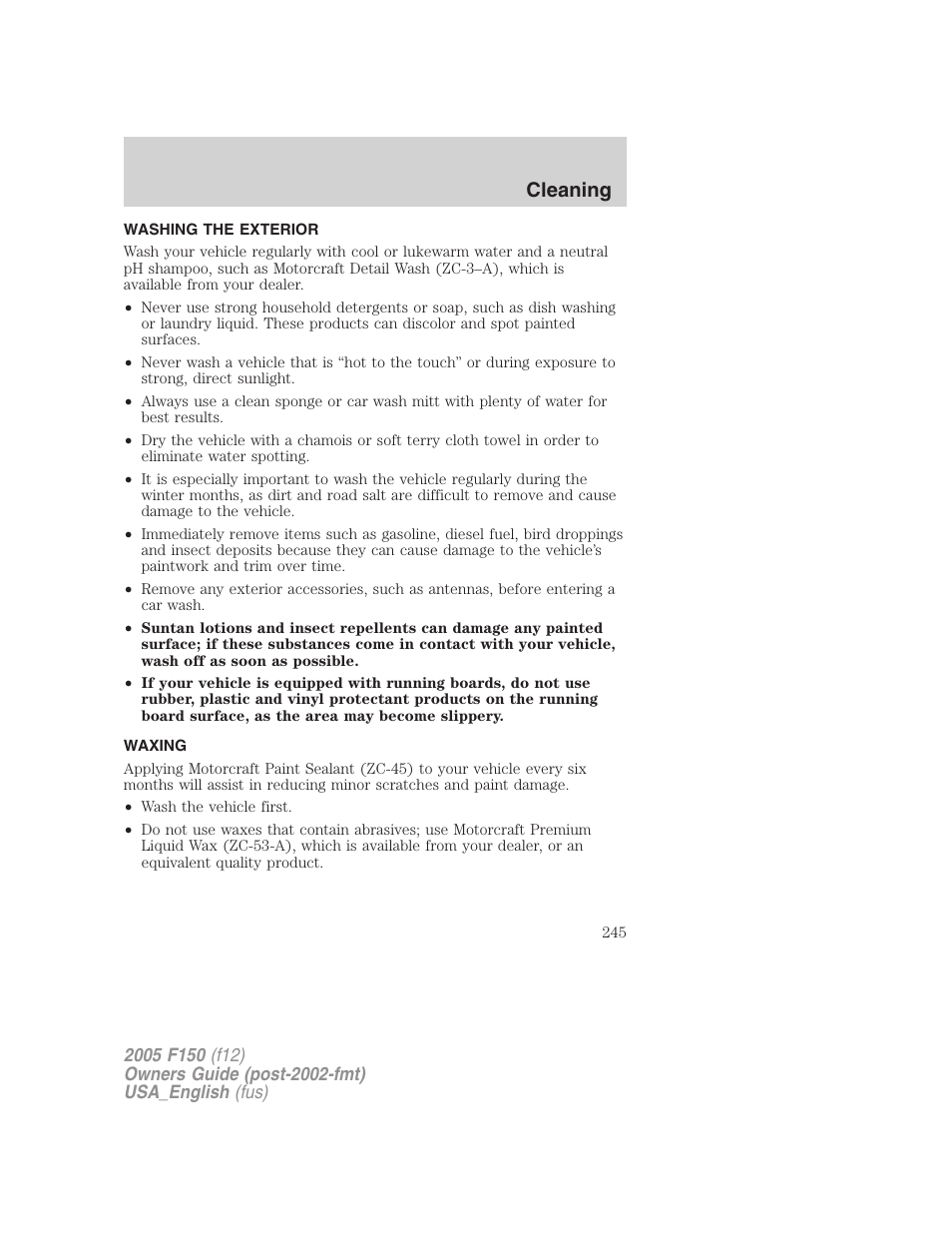 Cleaning, Washing the exterior, Waxing | FORD 2005 F-150 v.3 User Manual | Page 245 / 312