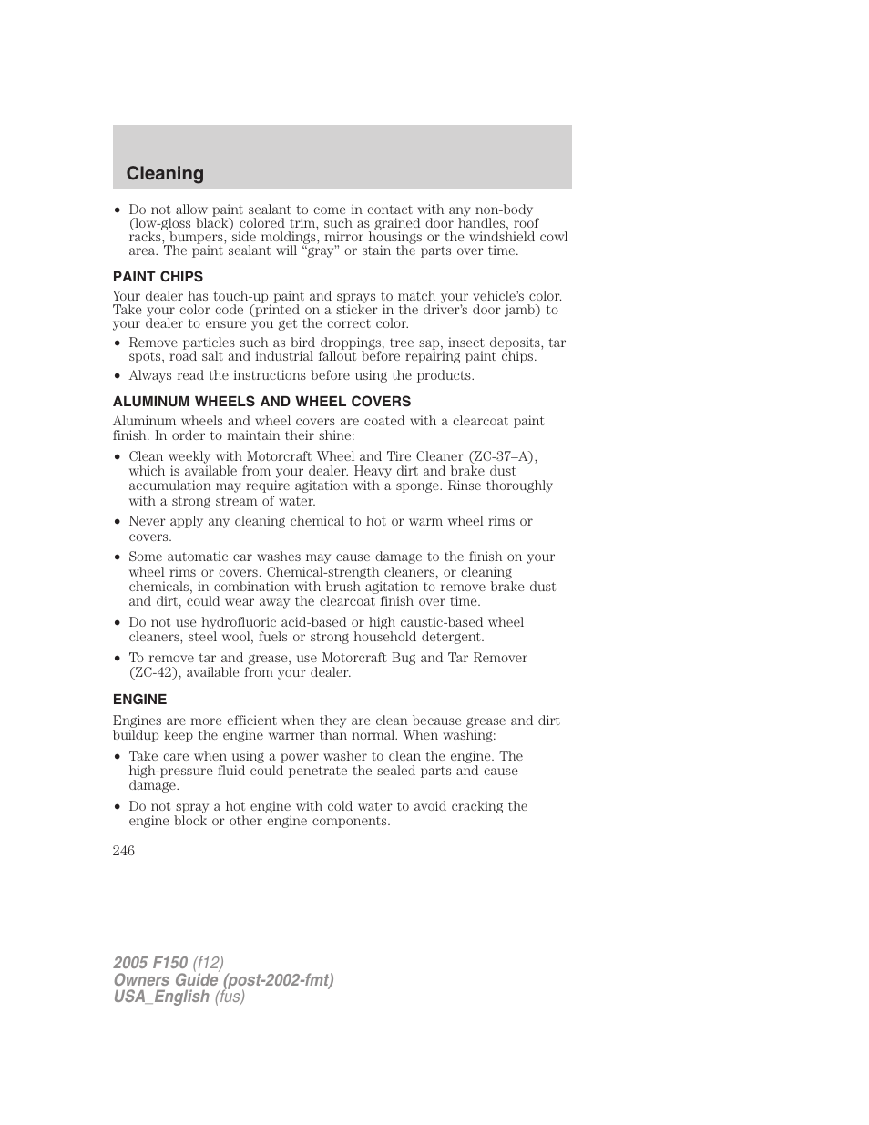 Paint chips, Aluminum wheels and wheel covers, Engine | Cleaning | FORD 2005 F-150 v.3 User Manual | Page 246 / 312