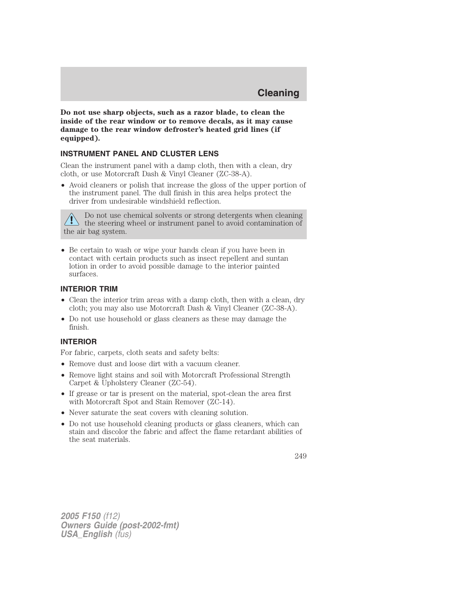 Instrument panel and cluster lens, Interior trim, Interior | Cleaning | FORD 2005 F-150 v.3 User Manual | Page 249 / 312