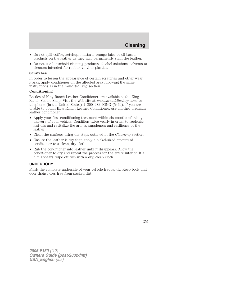 Underbody, Cleaning | FORD 2005 F-150 v.3 User Manual | Page 251 / 312
